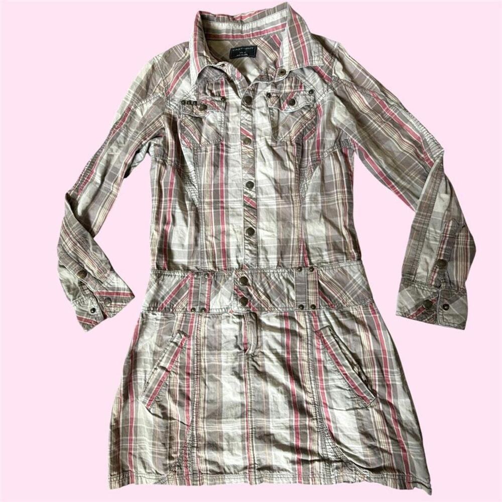 Euro drop waist red and brown plaid button up mini dress